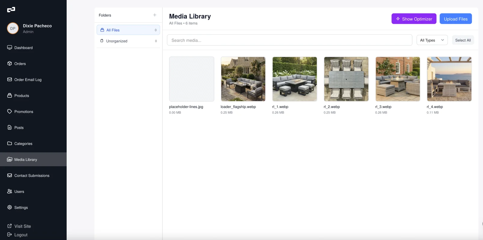 Rattan Luxe admin media library with image optimization
