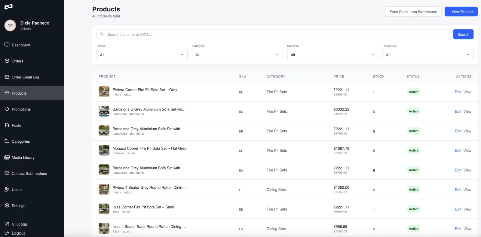 Rattan Luxe admin product management with warehouse stock sync