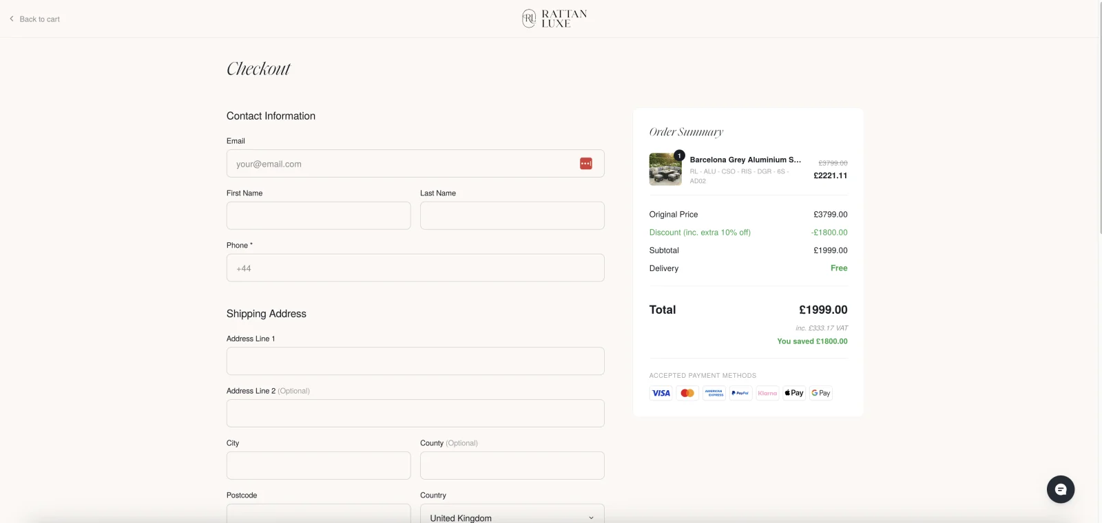 Rattan Luxe checkout with multiple accepted payment methods