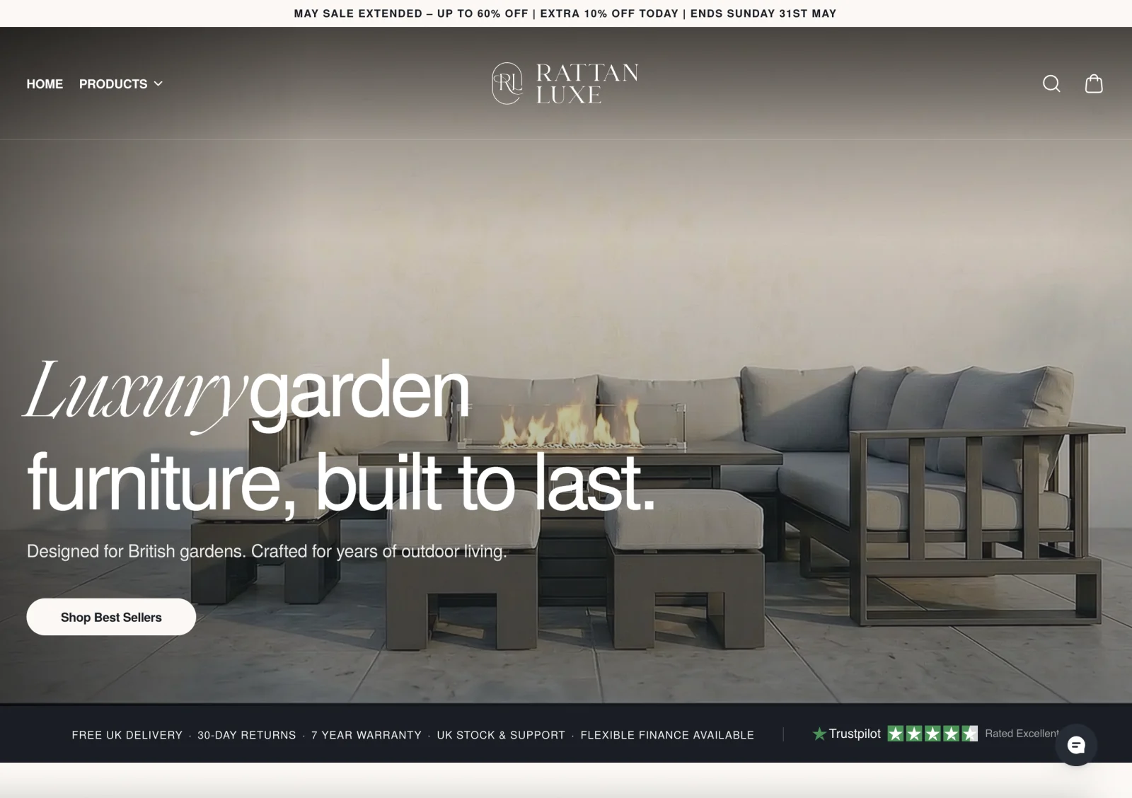 Rattan Luxe luxury garden furniture homepage with full-bleed hero