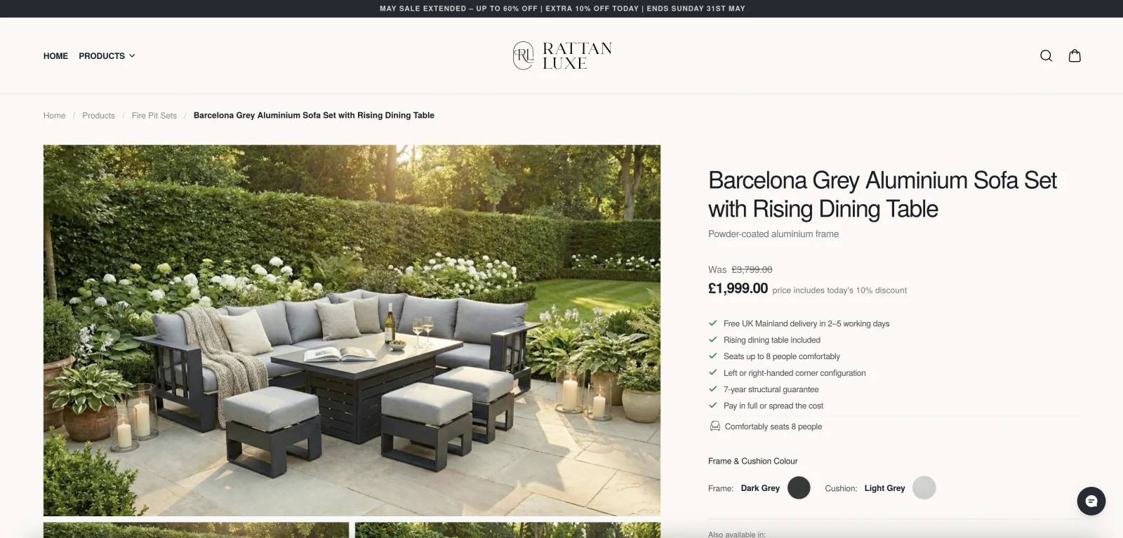 Rattan Luxe product detail page with pricing, finance, and delivery