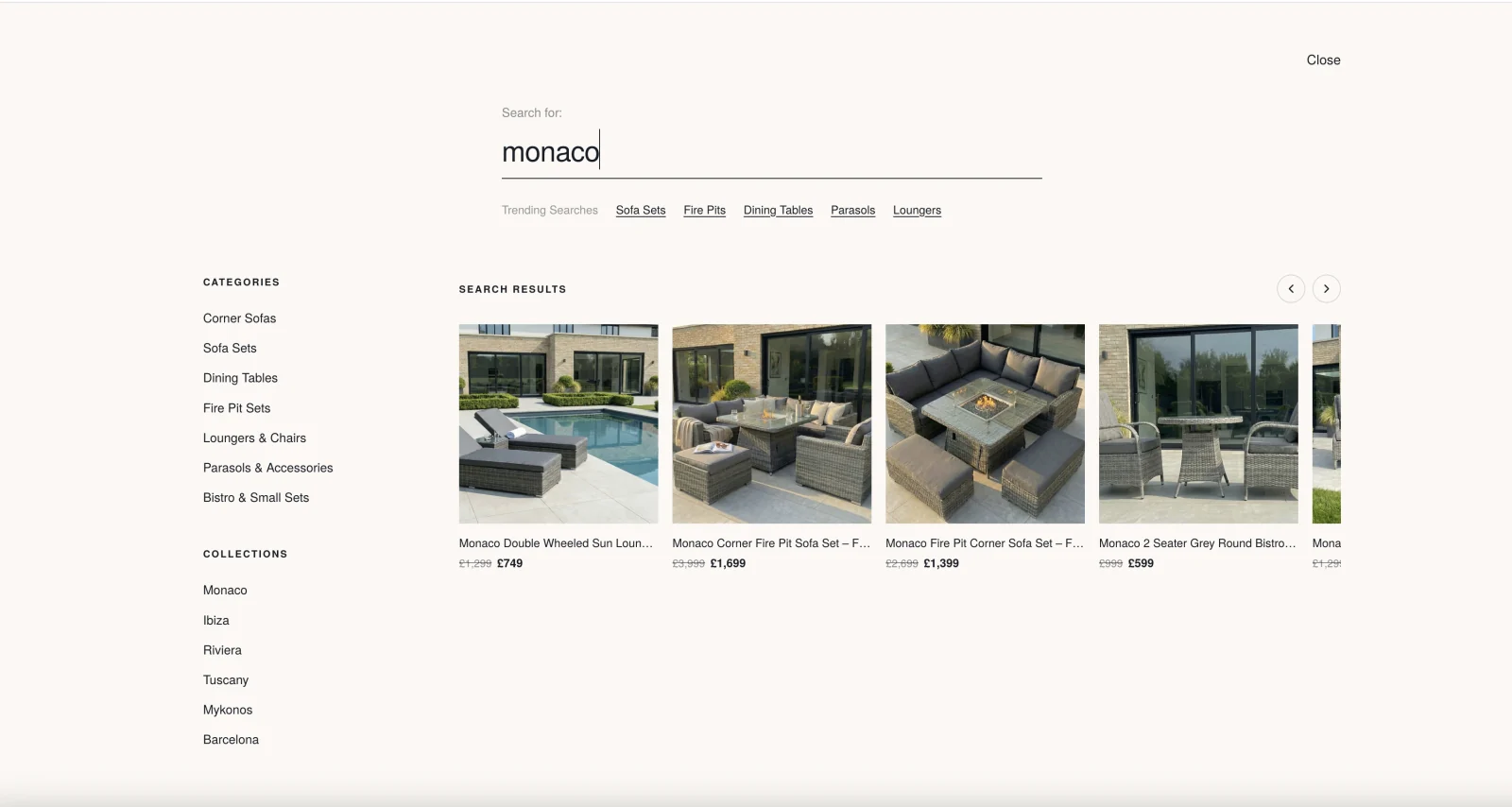 Rattan Luxe predictive product search overlay