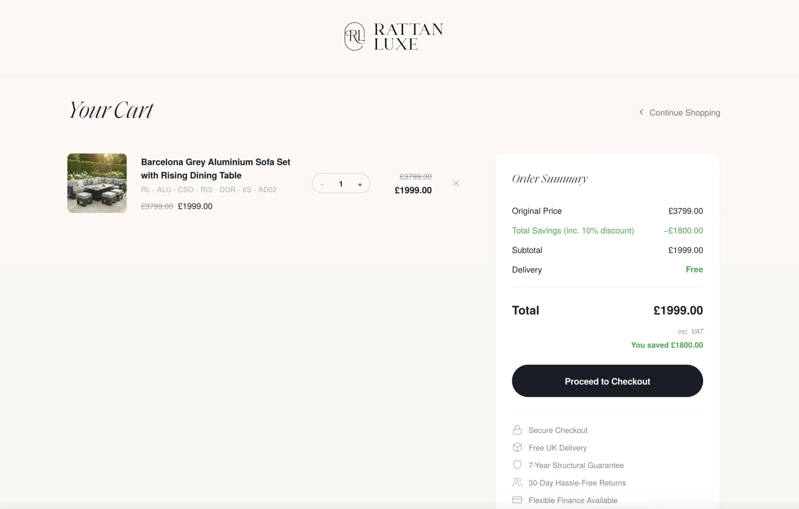 Rattan Luxe shopping cart with order summary and savings