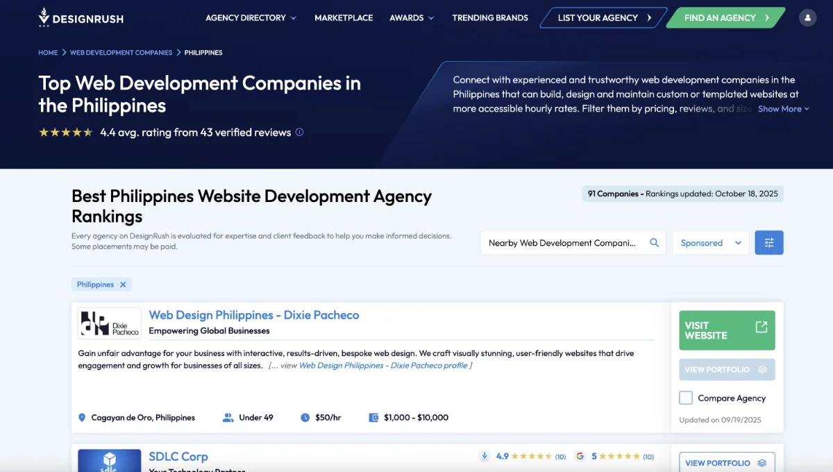 DesignRush - Top Web Development Companies in the Philippines listing showing Web Design Philippines - Dixie Pacheco ranked first
