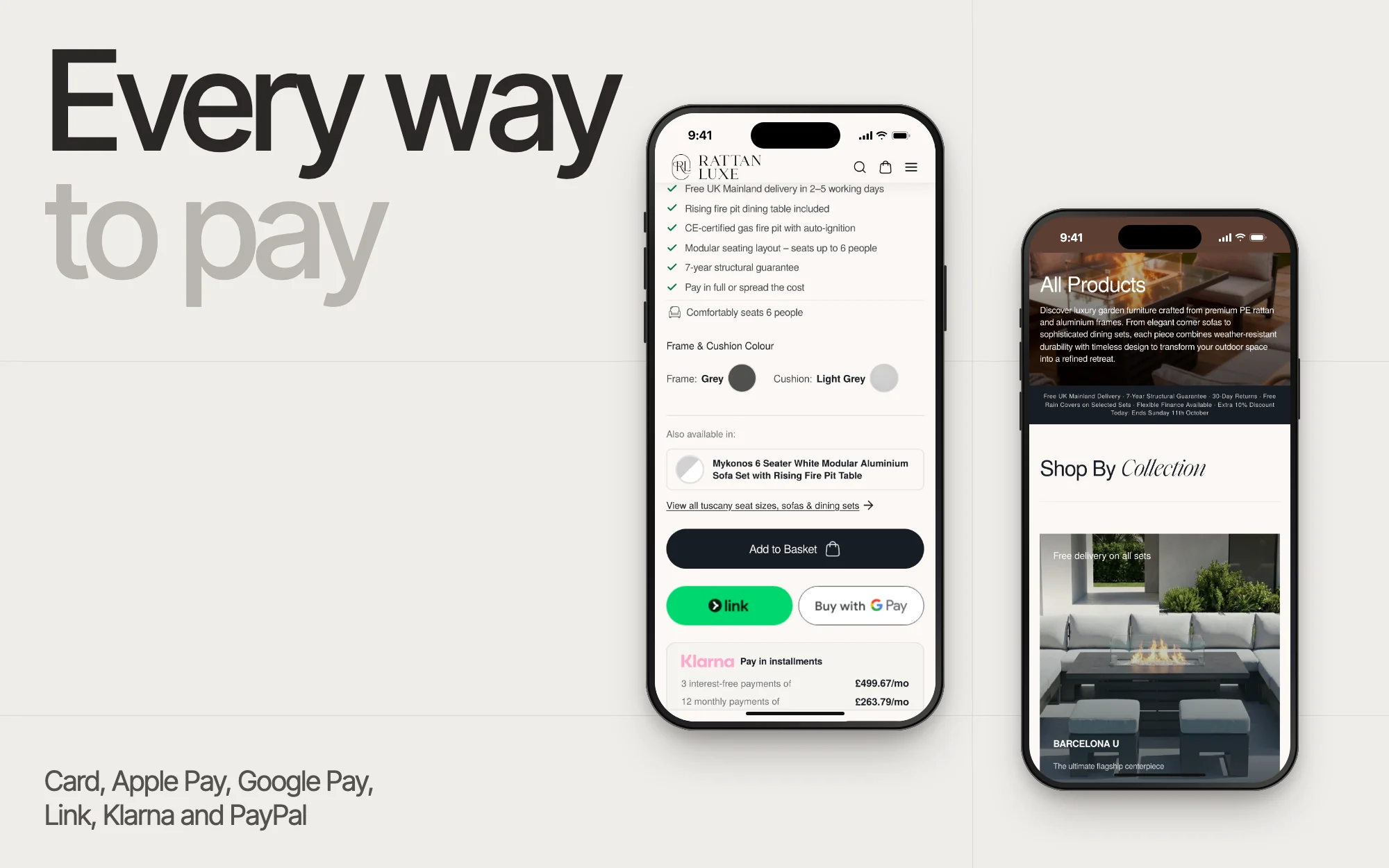 Rattan Luxe product page with Link, Google Pay and Klarna payment options on mobile