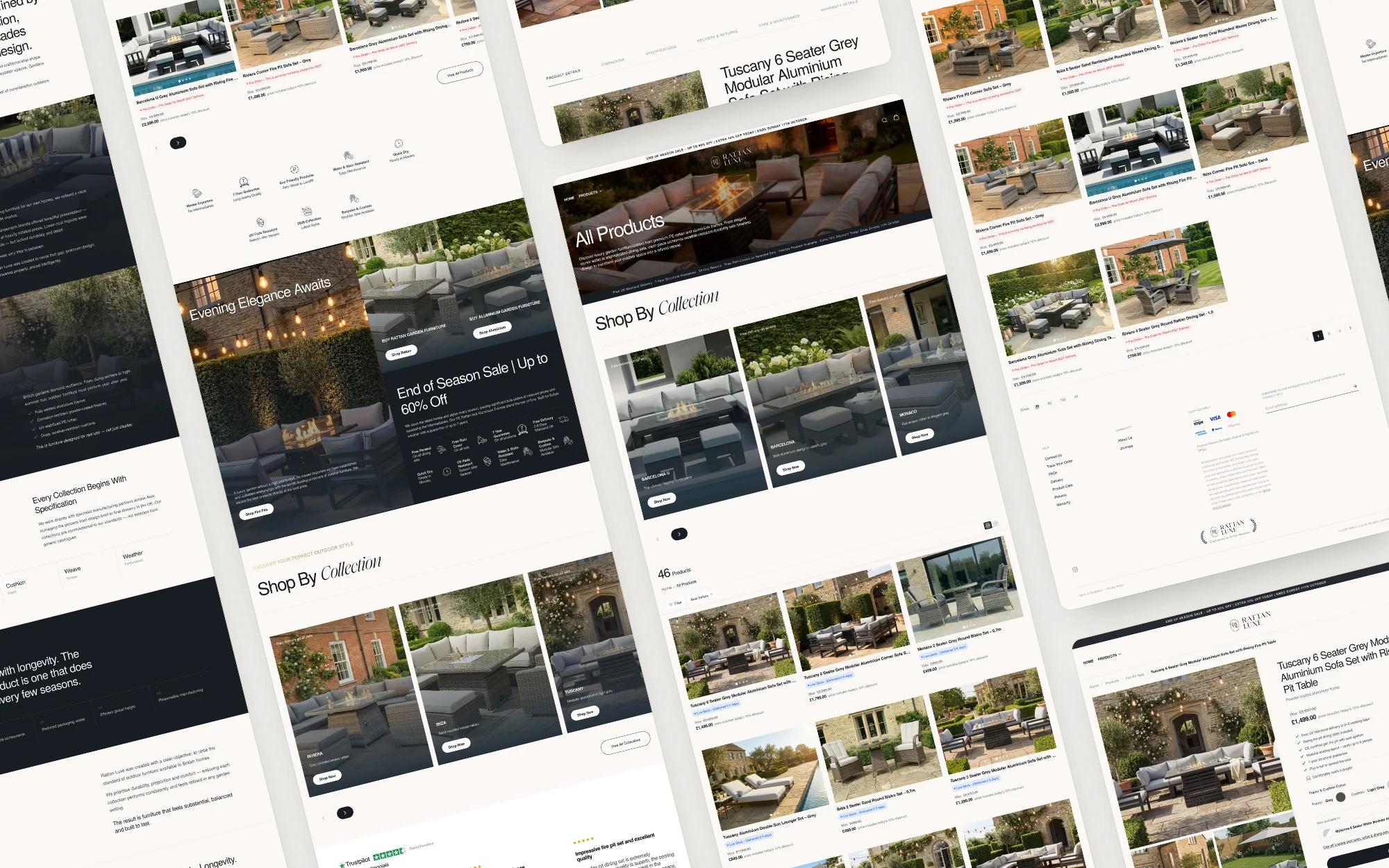The Rattan Luxe homepage, product pages and collection pages laid out in a tilted grid