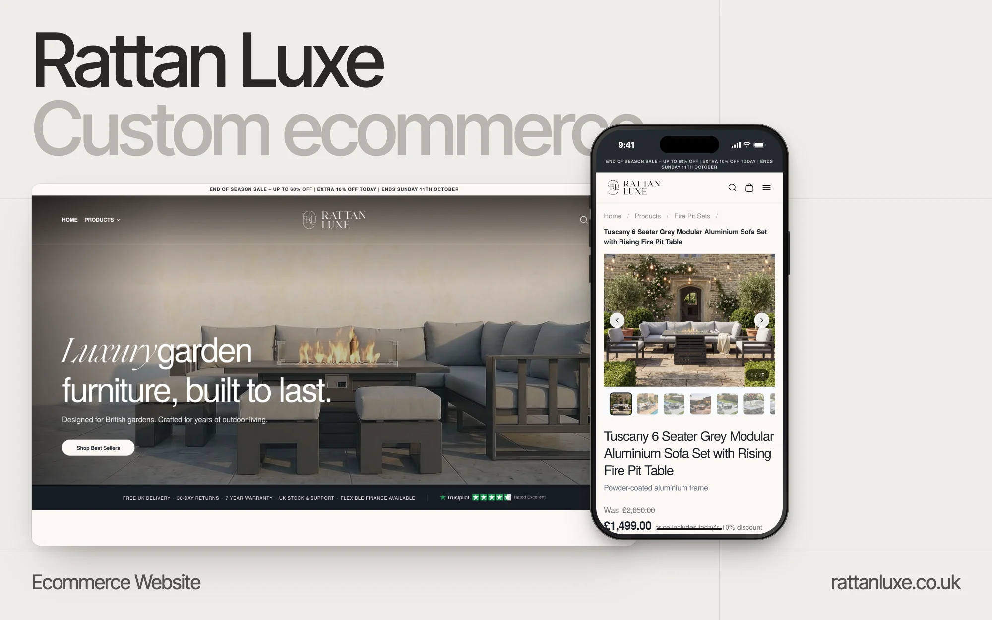 The Rattan Luxe custom ecommerce website on desktop and mobile