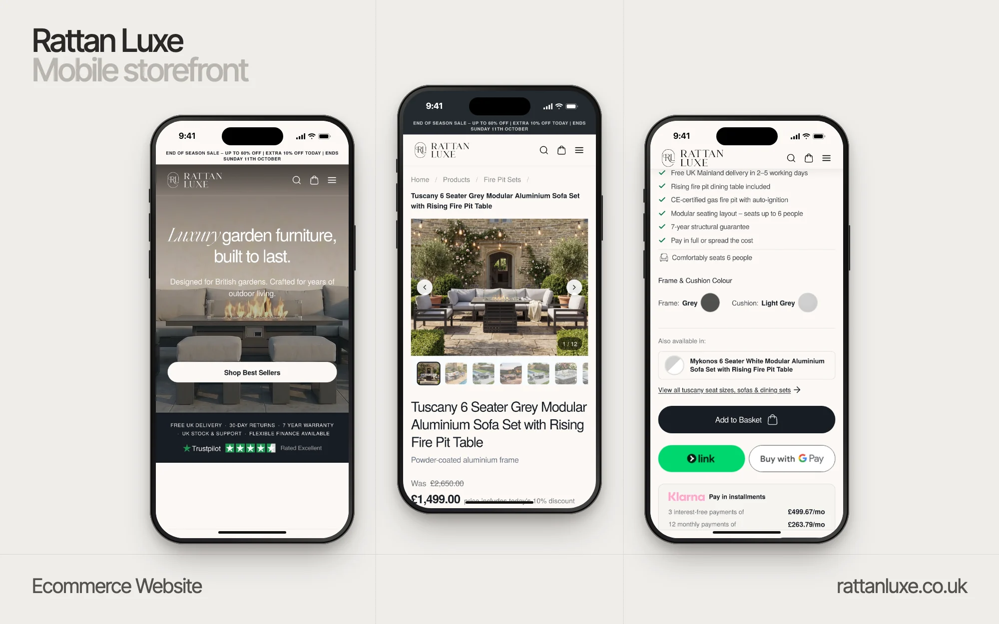 Rattan Luxe mobile storefront: homepage, product page and product details on three phones