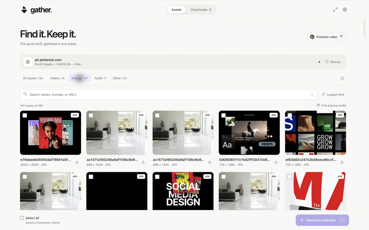 Gather showing real assets from a Pinterest page, with search and category filters