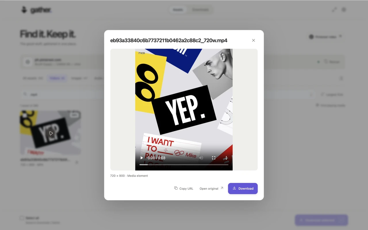 A real Pinterest MP4 preview in Gather, showing 720 × 900 dimensions and the download action