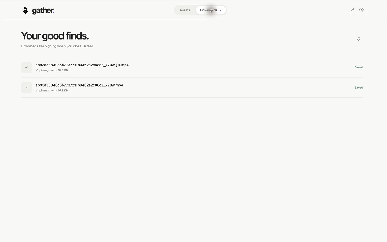 Chrome download status inside Gather showing the Pinterest MP4 as 672 KB and Saved