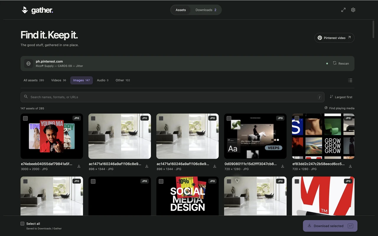 Gather's asset collection in dark appearance