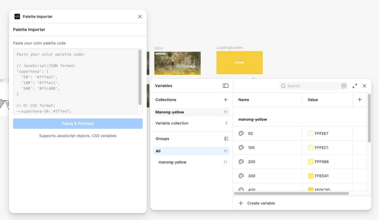 Palette Importer in action: pasting raw color code and generating Figma local variables