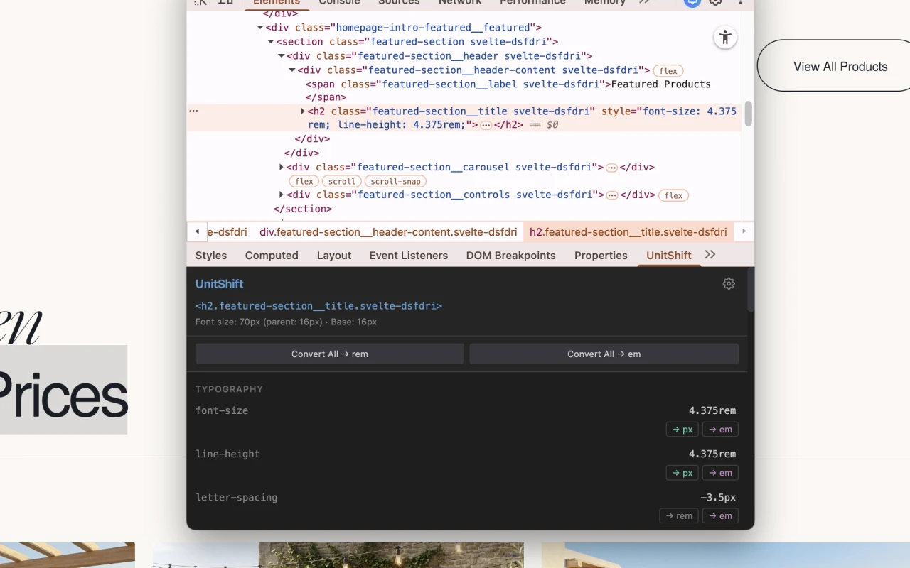 UnitShift in action: converting px to rem and em directly inside Chrome DevTools